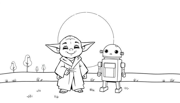 Placa de color de Grogu sonriendo con un robot amistoso.