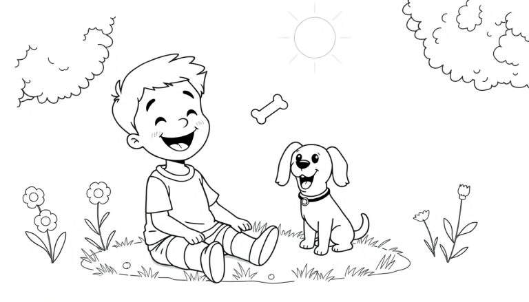 Una placa de color de un niño feliz jugando con su perrito en el parque.