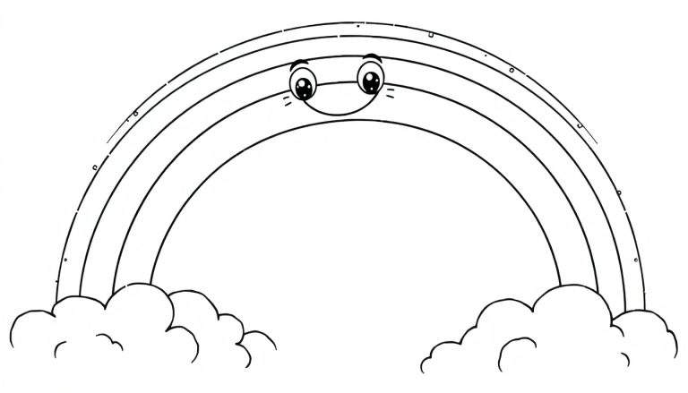 Placa de color de un arcoíris sonriente con nubes.