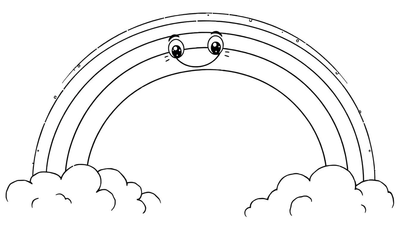 Placa de color de un arcoíris sonriente con nubes.