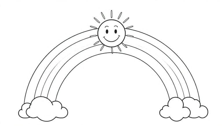 Un dibujo de placa de color para colorear con un arcoíris, un sol sonriente y nubes.