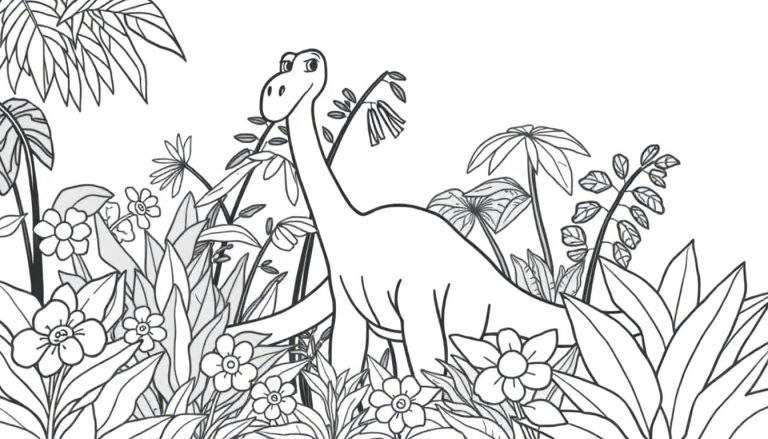 Un dibujo para colorear de un amigable Braquiosaurio en una selva exuberante, listo para ser coloreado.