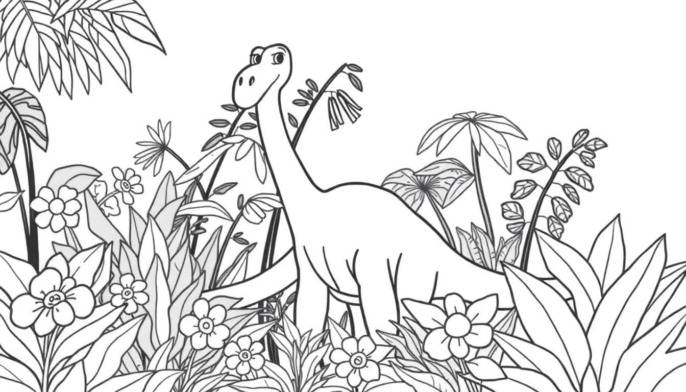 Un dibujo para colorear de un amigable Braquiosaurio en una selva exuberante, listo para ser coloreado.