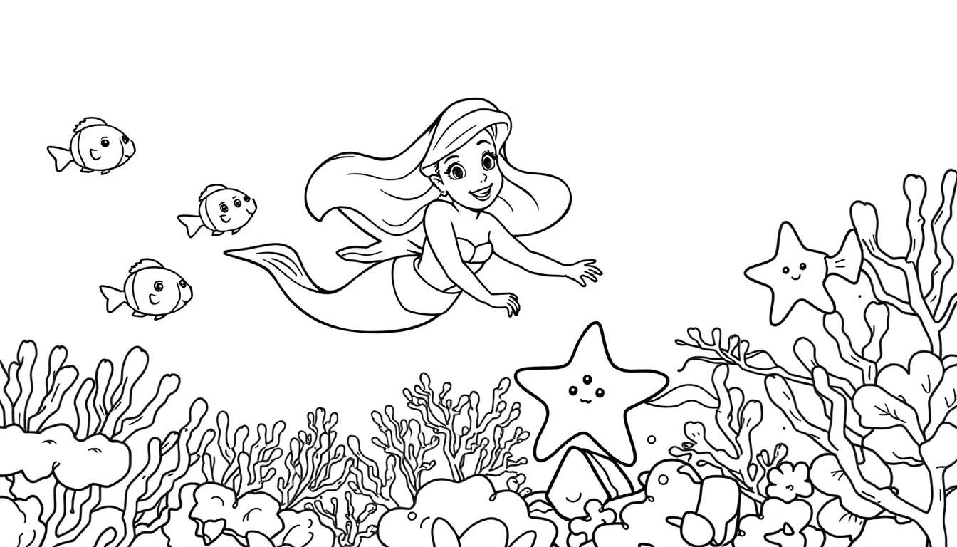 Una página para colorear de una sirena sonriendo mientras nada con peces y estrellas de mar en el océano. Es un dibujo lineal en blanco y negro, ideal para una placa de color.