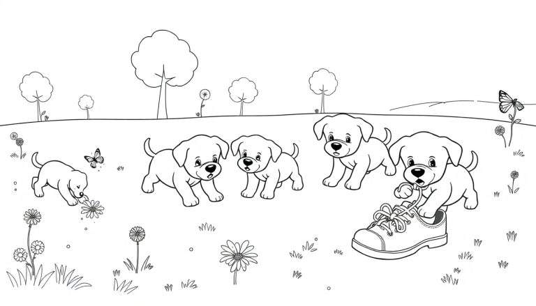 Placa de color de cachorros jugando con zapatos en un parque.
