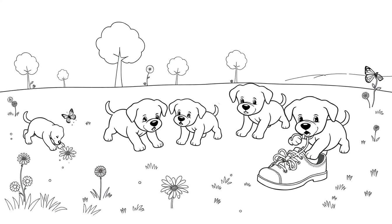 Placa de color de cachorros jugando con zapatos en un parque.