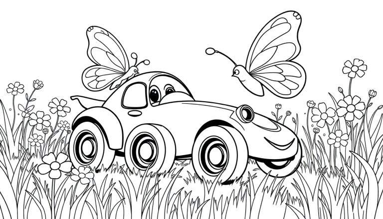Placa de color: Coche de dibujos animados sonriente persiguiendo una mariposa en un campo de flores.