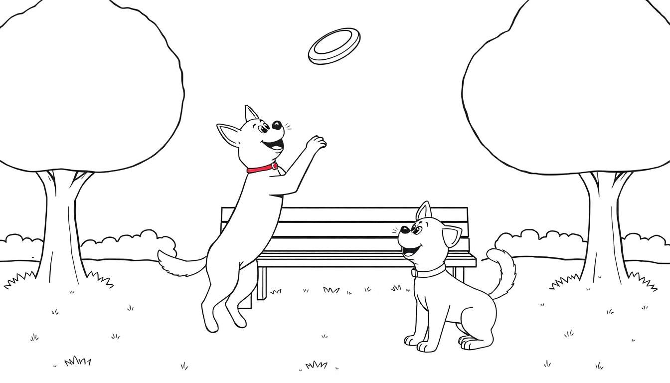 Una placa de color en blanco y negro con Bluey intentando atrapar un frisbee y Bingo mirando.