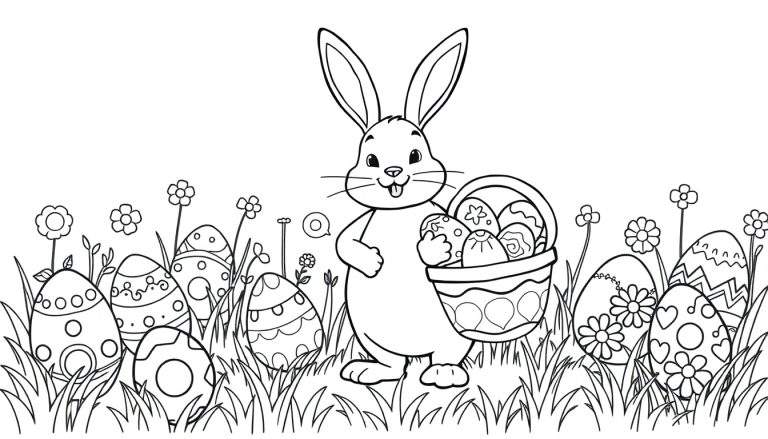 Placa de color de un conejito de Pascua con huevos decorados y flores.