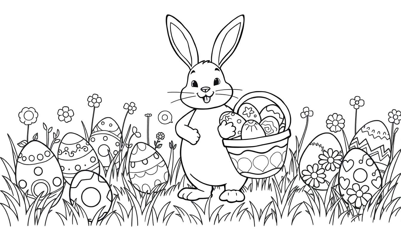Placa de color de un conejito de Pascua con huevos decorados y flores.