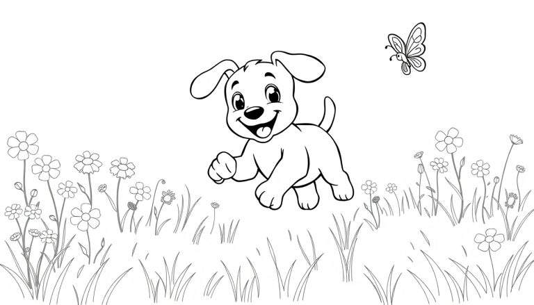 Una placa de color para colorear de un cachorro persiguiendo una mariposa entre flores.