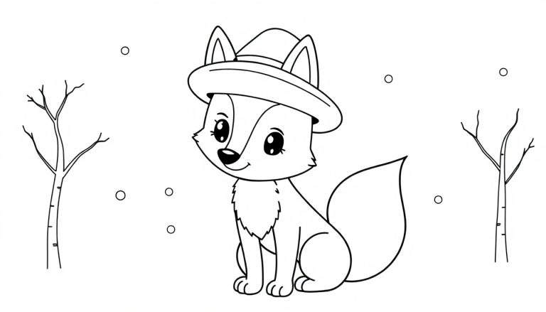 Placa de color de un zorro amigable con sombrero de explorador en un bosque nevado.