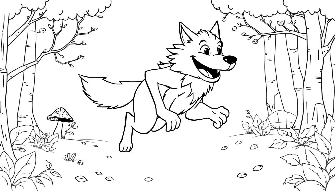 Placa de color de un lobo animado sonriente corriendo en un bosque simple.