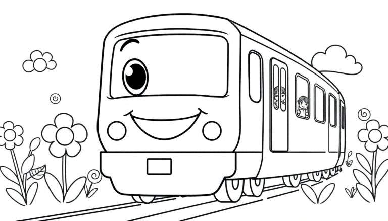 Placa de color de un tren de dibujos animados sonriente con flores.