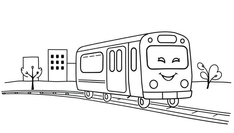 Placa de color de un tren de dibujos animados amigable con una cara sonriente, en vías, yendo a la derecha, con edificios y árboles estilizados al fondo.