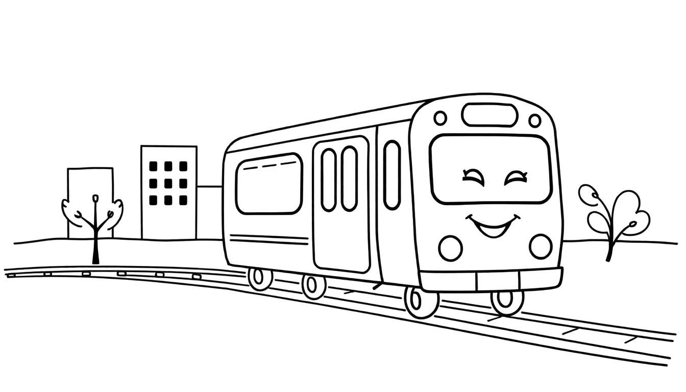Placa de color de un tren de dibujos animados amigable con una cara sonriente, en vías, yendo a la derecha, con edificios y árboles estilizados al fondo.