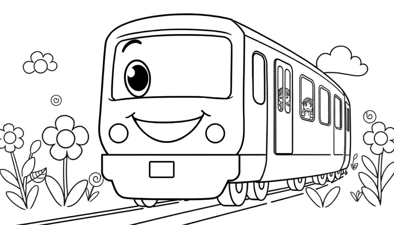 Placa de color de un tren de dibujos animados sonriente con flores.