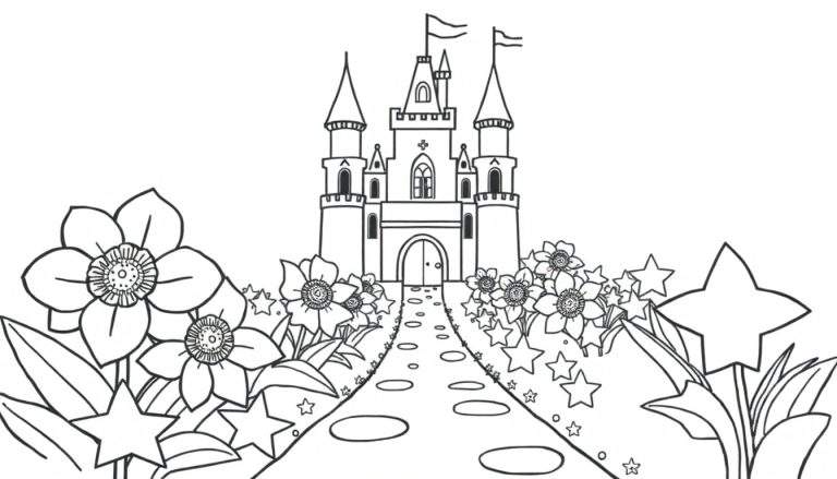 Una placa de color para colorear de un castillo de fantasía con flores y estrellas.