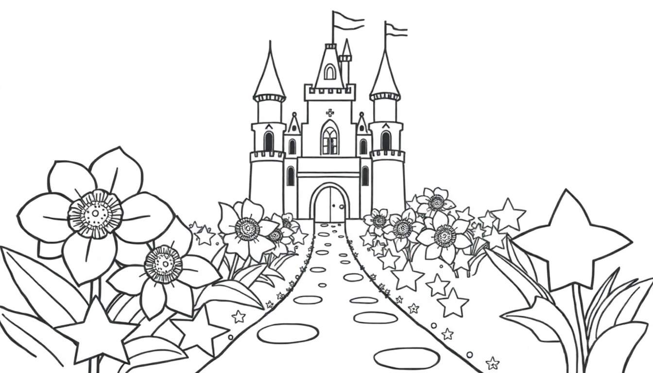 Una placa de color para colorear de un castillo de fantasía con flores y estrellas.