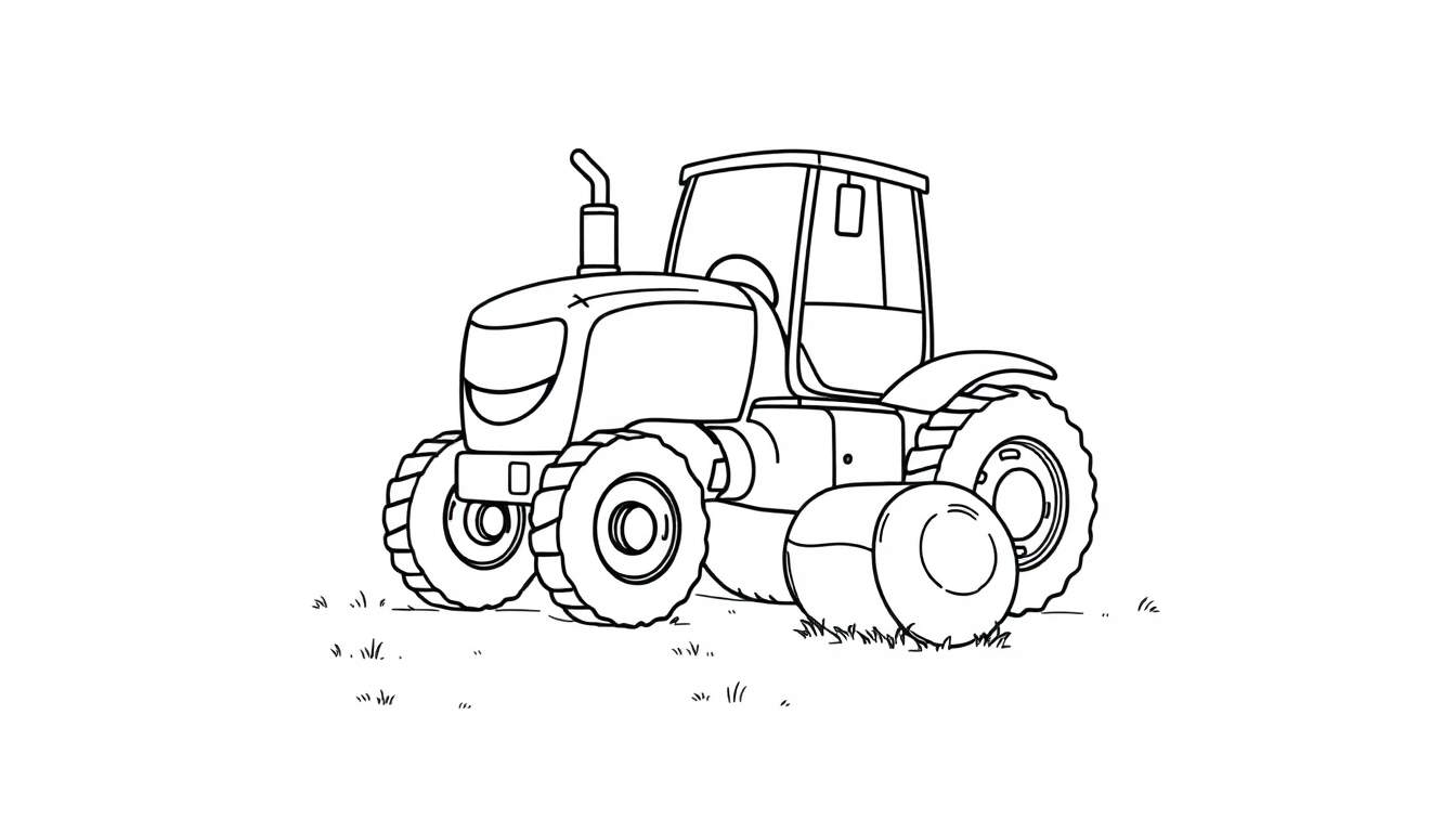 Placa de color de un tractor de dibujos animados amigable en un campo.