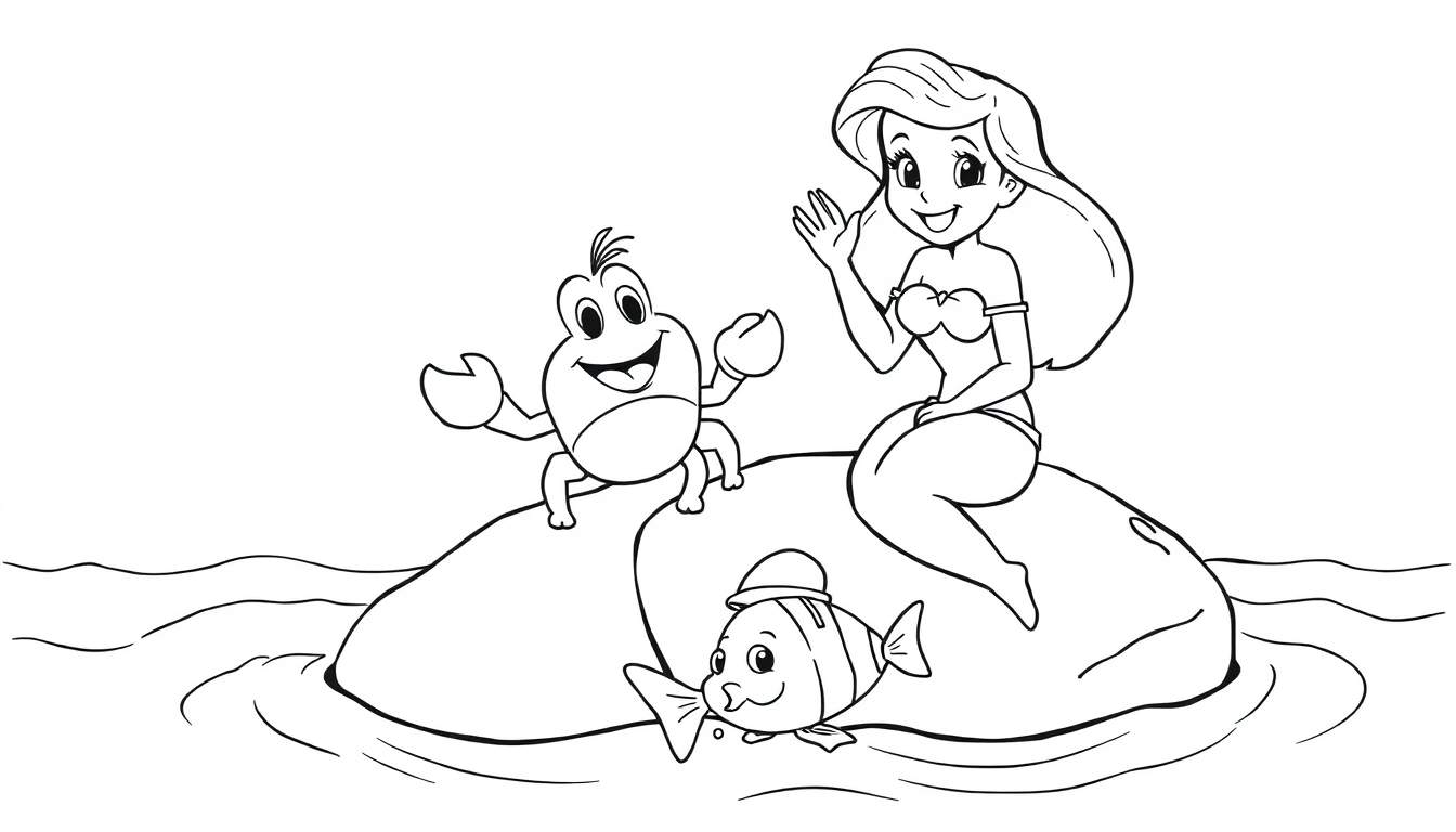 Placa de color de una sirena saludando, sentada en una roca con un cangrejo y un pez con sombrero.
