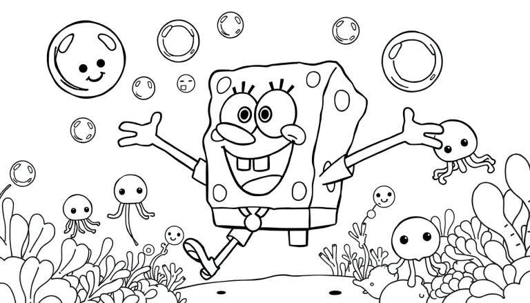 Placa de color de Bob Esponja saltando con un calamar en su mano, rodeado de burbujas y vida marina.