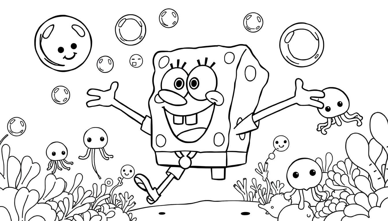 Placa de color de Bob Esponja saltando con un calamar en su mano, rodeado de burbujas y vida marina.