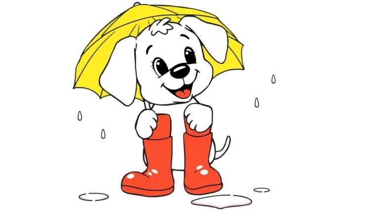Placa de color: perrito blanco con paraguas amarillo y botas rojas bajo la lluvia.