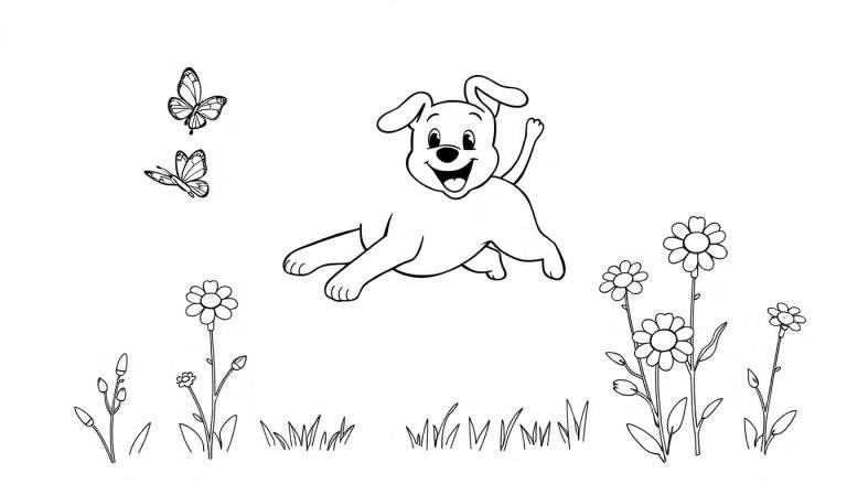Placa de color: cachorro juguetón persiguiendo una mariposa en un campo de flores.