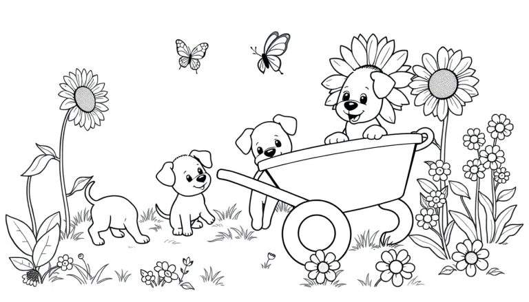 Un dibujo lineal de cachorros y flores.