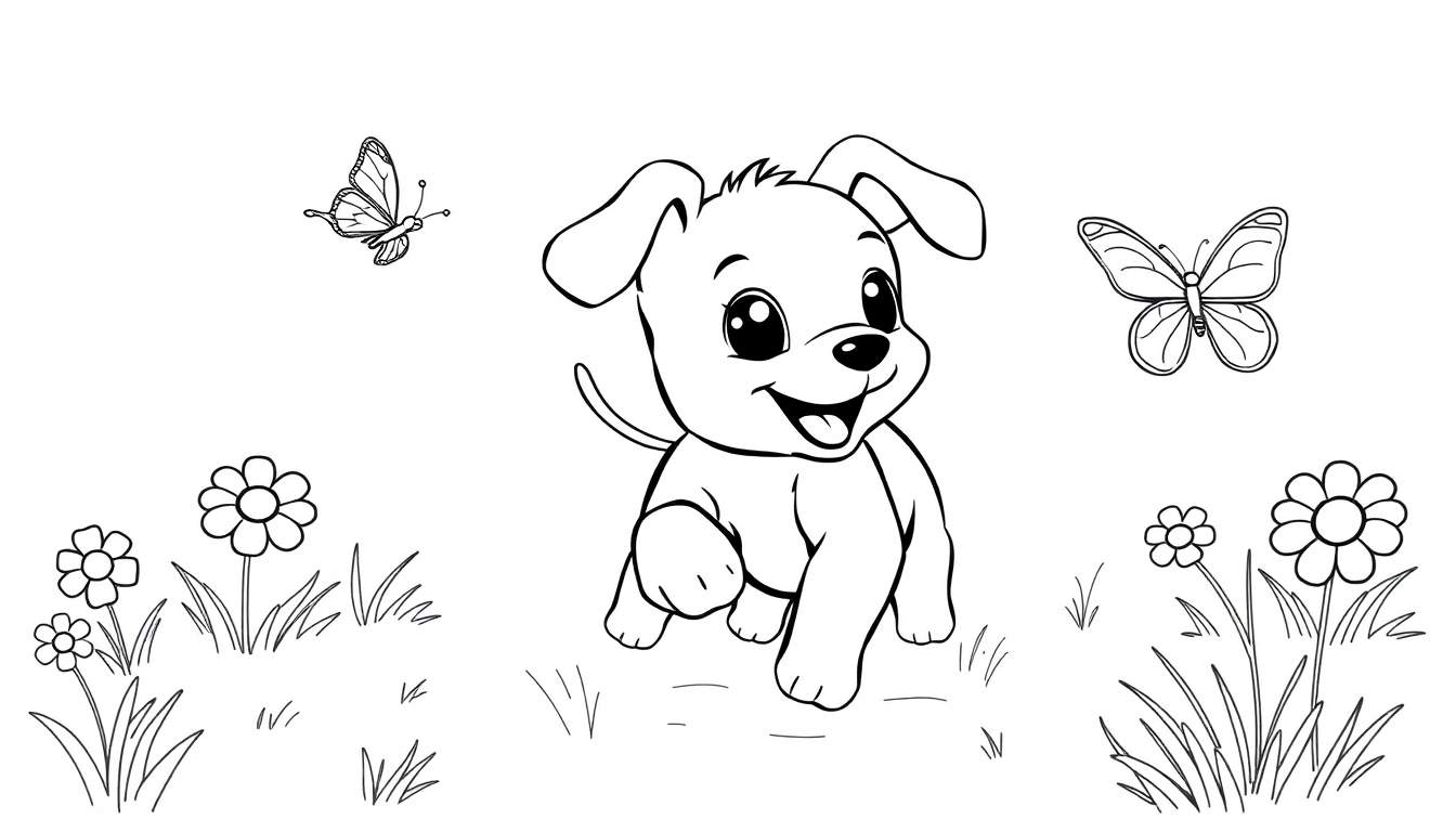 Placa de color de un cachorro jugando con mariposas.