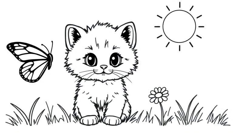 Placa de color de un gatito adorable jugando con una mariposa bajo un sol sonriente.