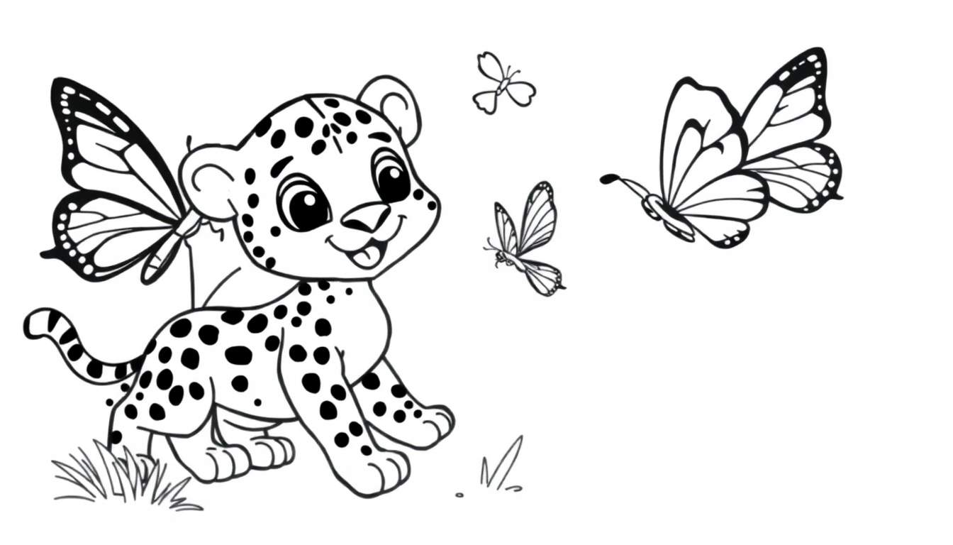Placa de color: Un cachorro de leopardo amigable con alas de mariposa.