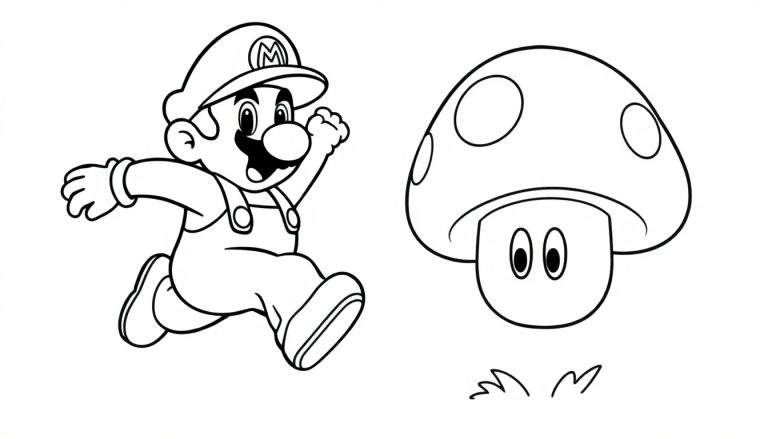 Placa de color de Mario corriendo junto a un hongo con ojos.
