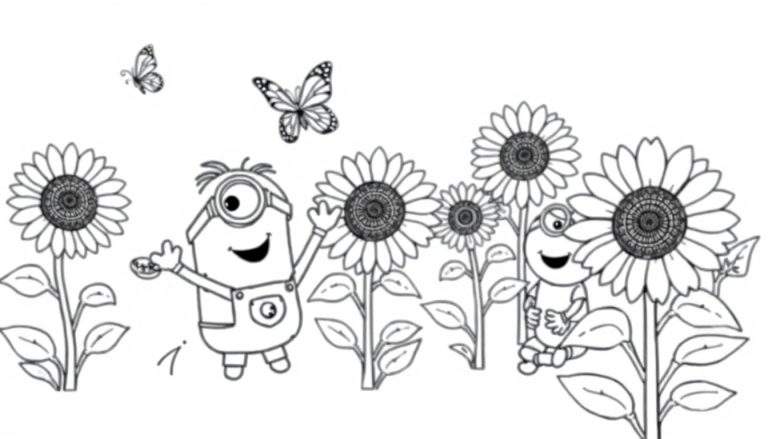 Placa de color de Minions jugando en un campo de girasoles con una rana.