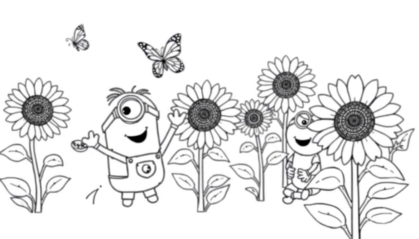 Placa de color de Minions jugando en un campo de girasoles con una rana.