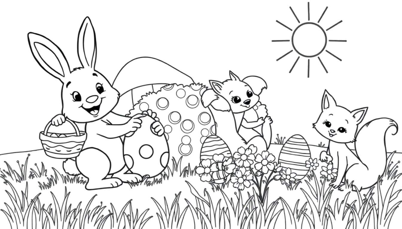Placa de color: Un conejo de Pascua con amigos pintando huevos en un prado.