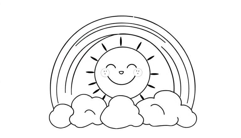 Placa de color de un sol sonriente con arcoíris y nubes.