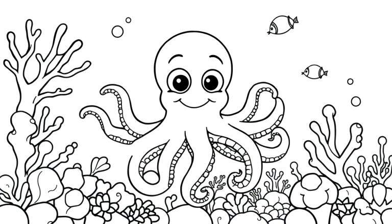 Un pulpo sonriente y amigable listo para colorear en una placa de color submarina.