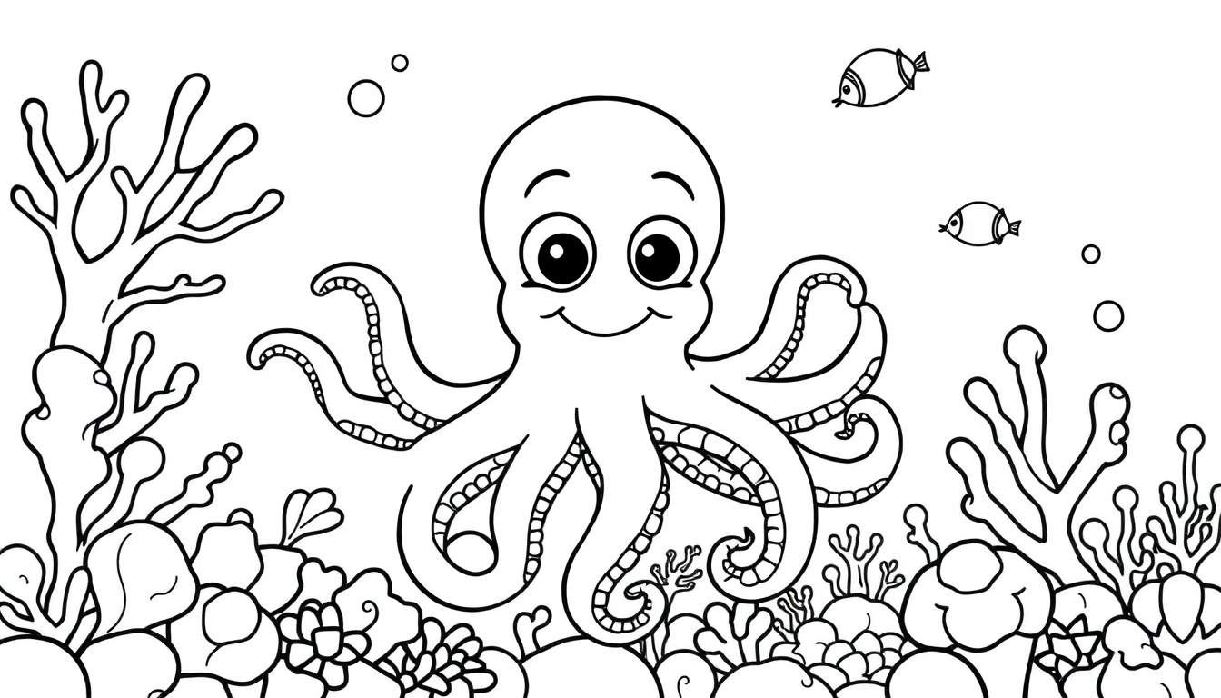 Un pulpo sonriente y amigable listo para colorear en una placa de color submarina.