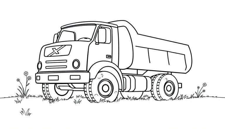 Un camión volquete de dibujos animados en blanco y negro, listo para ser coloreado, con la palabra 'placa de color' impresa.