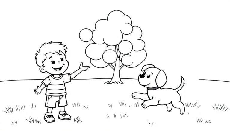 Placa de color: Un niño feliz con una camiseta a rayas y pantalones cortos, a la izquierda, apunta con el brazo extendido a algo con una expresión de alegría. A la derecha, un perro juguetón corre con una expresión similar de felicidad. Detrás de ellos, un árbol con forma de nube se alza sobre un campo con hierba dispersa. Todo el dibujo está en blanco y negro, listo para ser coloreado.
