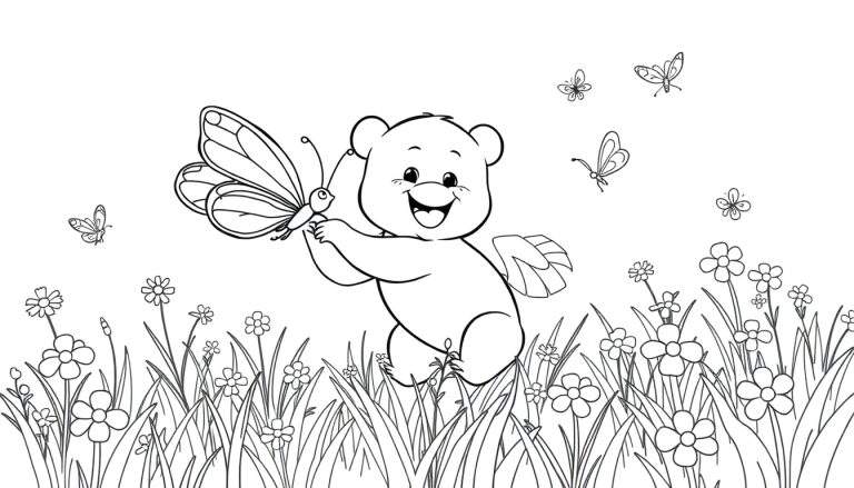 Placa de color de un osito de peluche feliz jugando con mariposas en un prado.