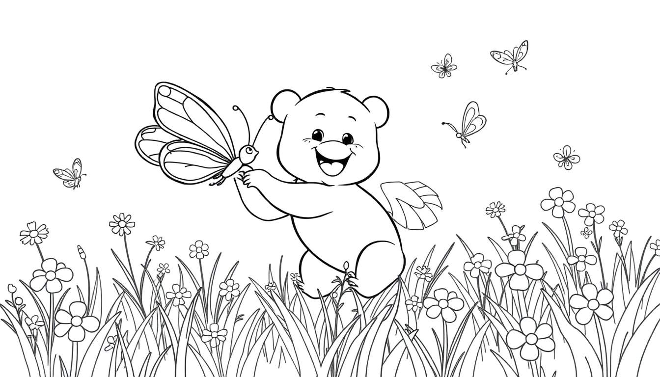 Placa de color de un osito de peluche feliz jugando con mariposas en un prado.