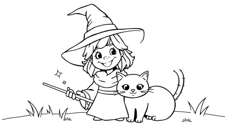 Una niña disfrazada de bruja sonriente con un sombrero puntiagudo y varita mágica junto a un gato gordo. Imagen para colorear con placa de color.