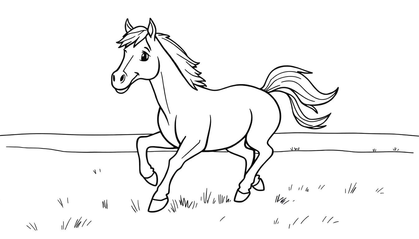 Placa de color de un caballo corriendo en un campo.