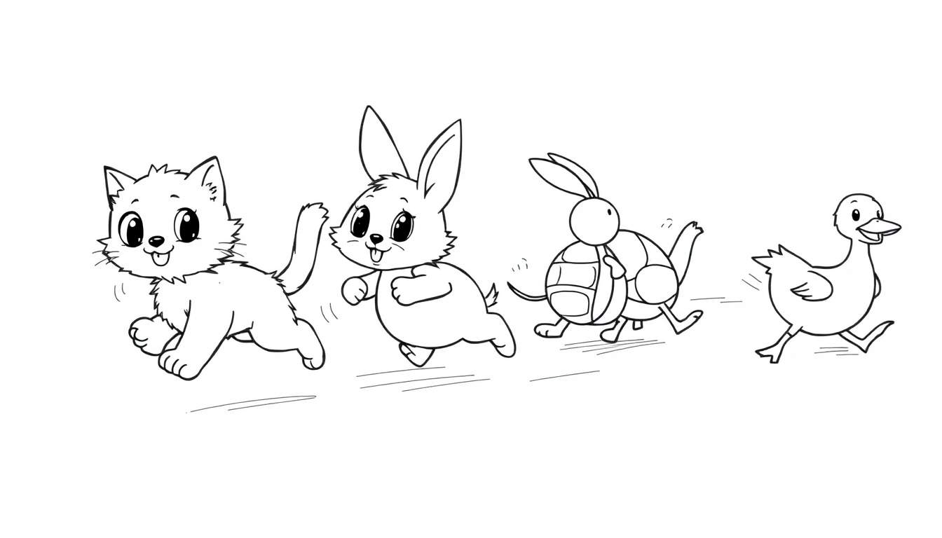 Placa de color con animales corriendo: Gatito, conejito, tortuga con cabeza de conejo y pato en blanco y negro.