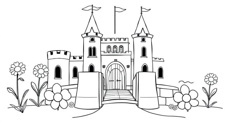 Una placa de color de un castillo de cuento de hadas para colorear, con torres y un puente levadizo.