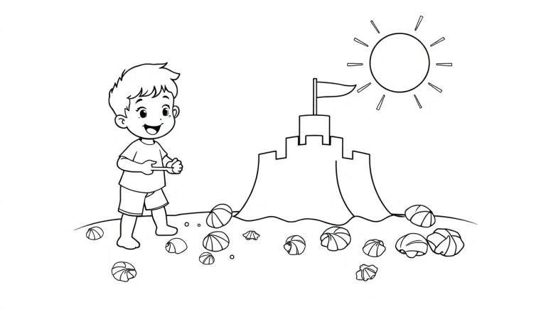 Placa de color de un niño sonriente con una pala cerca de un castillo de arena en la playa, bajo un sol brillante.