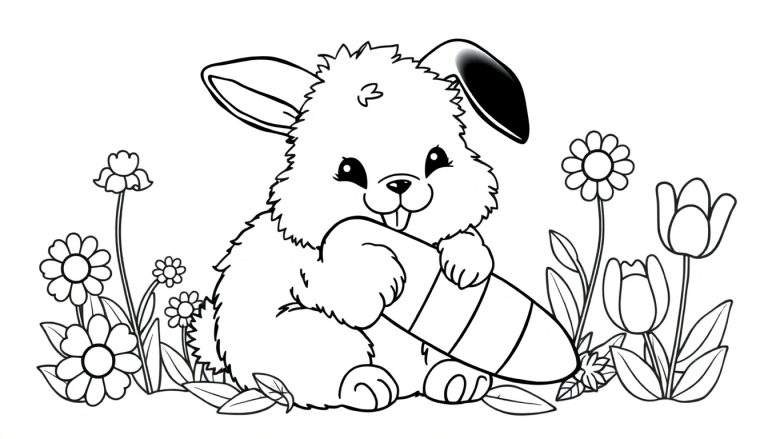 Dibujo de un conejito blanco y negro sosteniendo una zanahoria, sobre una placa de color para colorear.